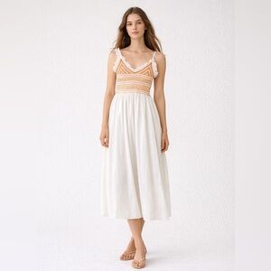 Loretta Caponi hand smocked geometric embroidered  white &orange midi dress. S